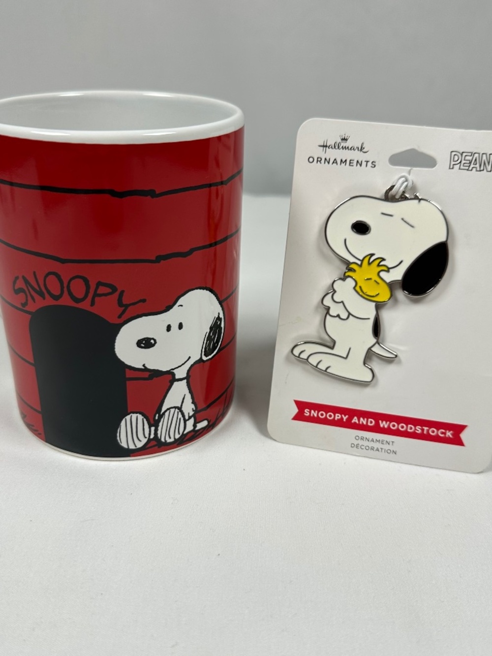Peanuts Snoopy Red Doghouse Coffee Mug & Hallmark Enamel Ornament 2021 Bundle